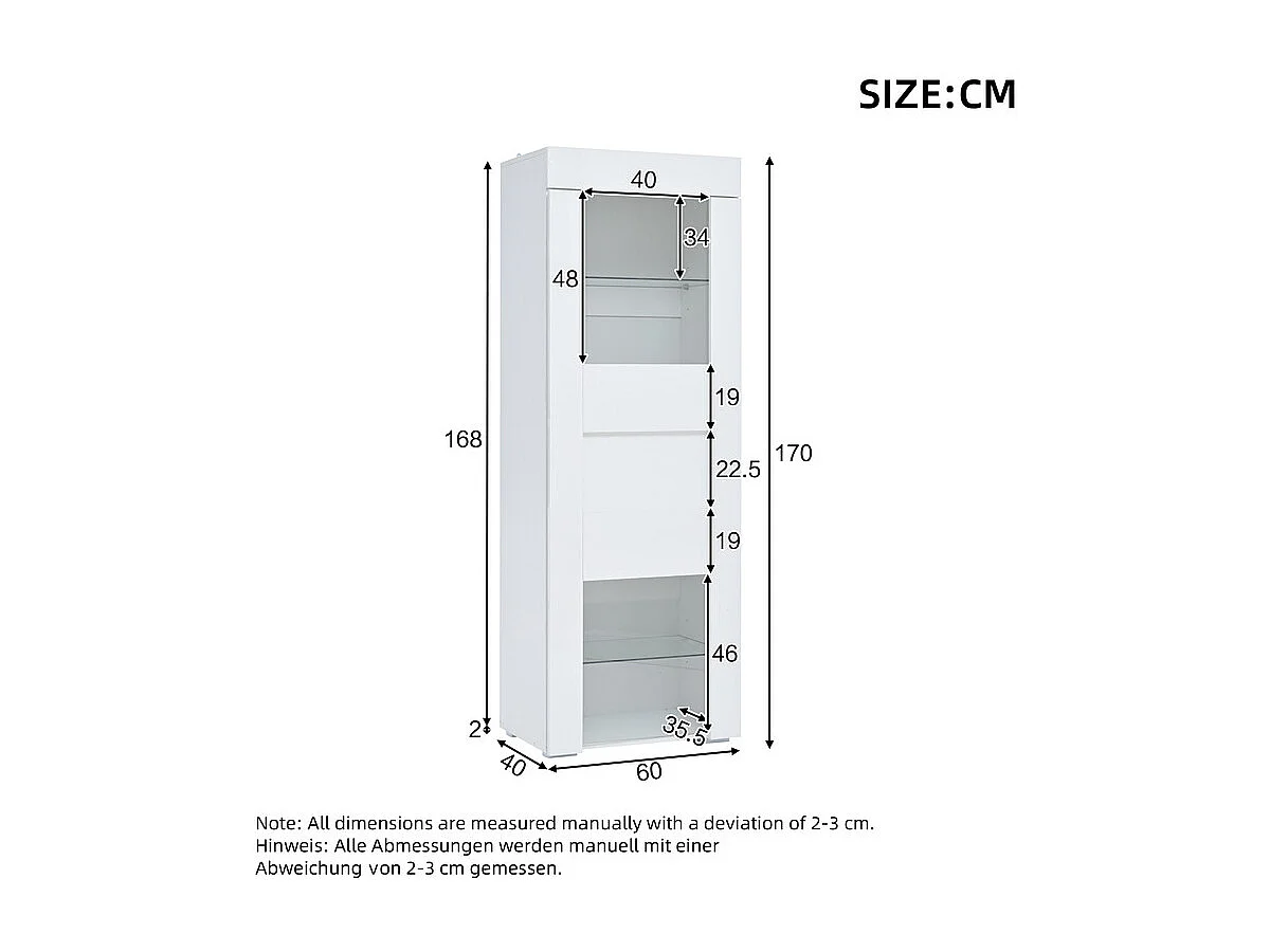 Vitrine en MDF avec porte en acrylique et LED, 2 étagères en verre trempé réglables, brillante, 60x40x170cm