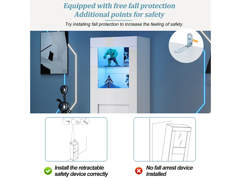 Vitrine en MDF avec porte en acrylique et LED, 2 étagères en verre trempé réglables, brillante, 60x40x170cm