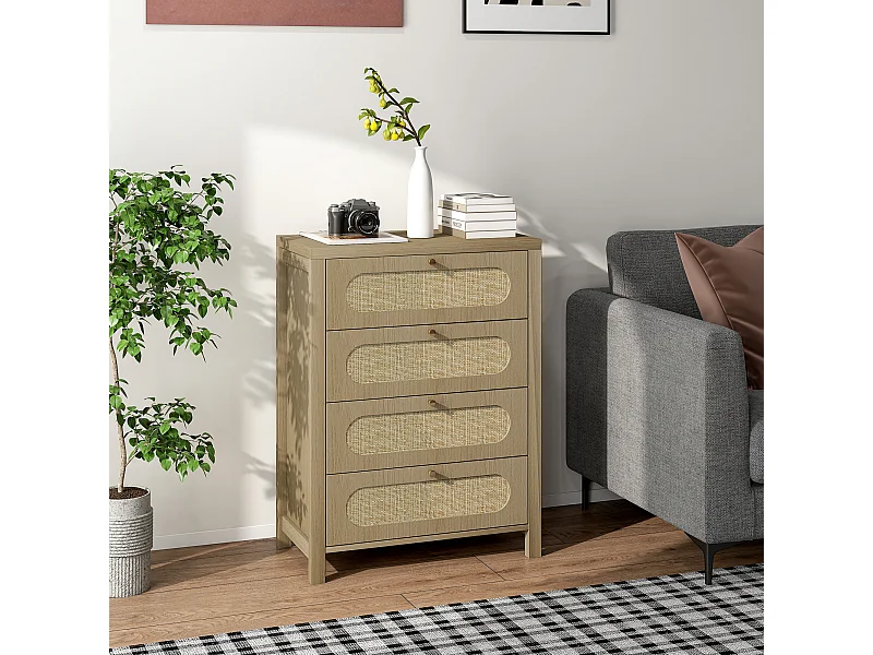 Commode 4 tiroirs style bohème effet rotin poignées métal doré 70 x 38 x 93 cm effet bois naturel