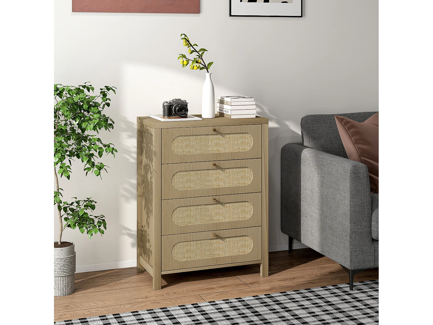 Commode 4 tiroirs style bohème effet rotin poignées métal doré 70 x 38 x 93 cm effet bois naturel