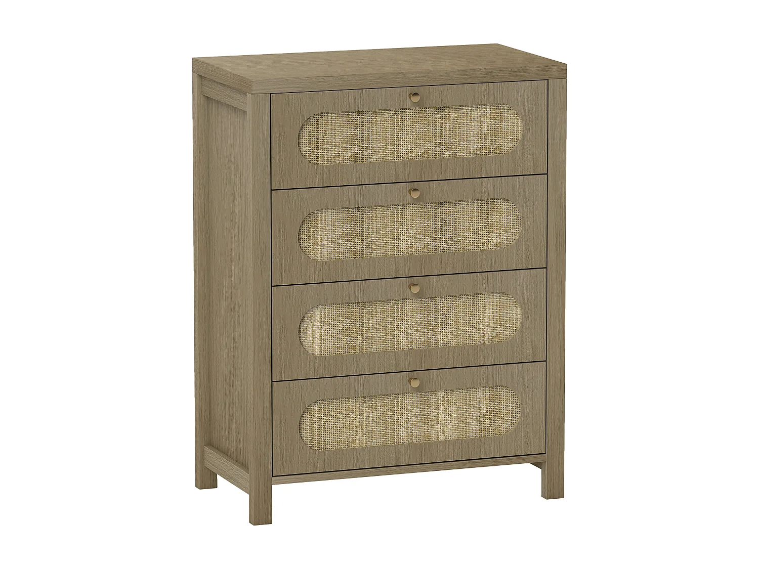 Commode 4 tiroirs style bohème effet rotin poignées métal doré 70 x 38 x 93 cm effet bois naturel