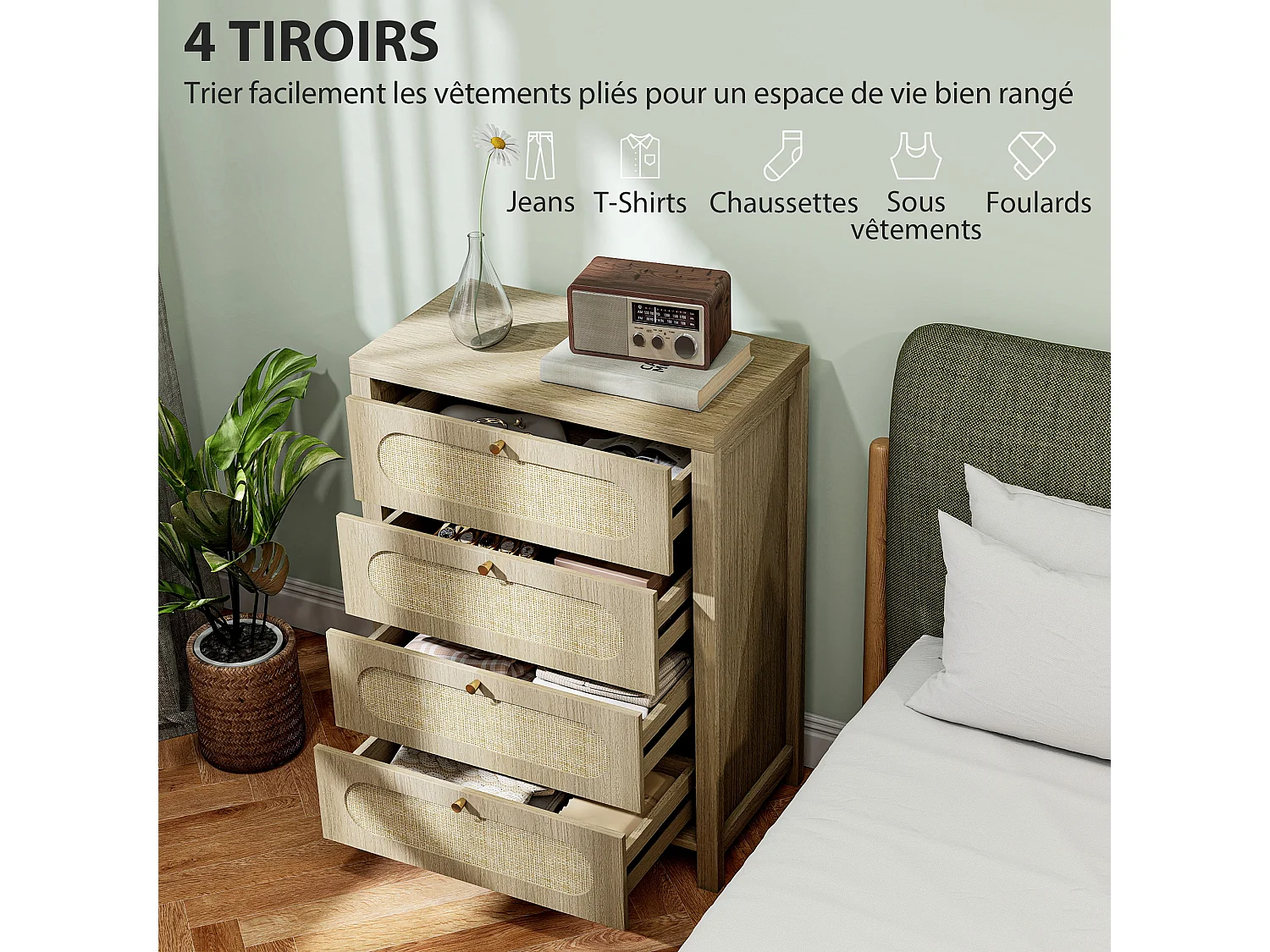 Commode 4 tiroirs style bohème effet rotin poignées métal doré 70 x 38 x 93 cm effet bois naturel
