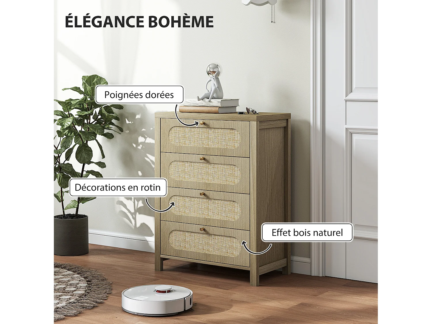 Commode 4 tiroirs style bohème effet rotin poignées métal doré 70 x 38 x 93 cm effet bois naturel