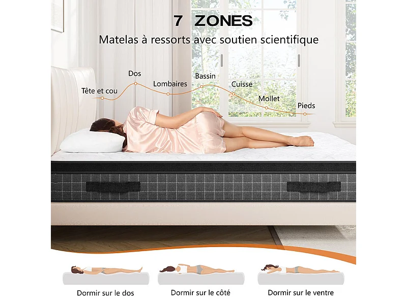 Matratze 140x200cm Brandschutz Taschenfedern - Stärke 25cm - ergonomische 7-Zonen-Unterstützung - atmungsaktiv - leise