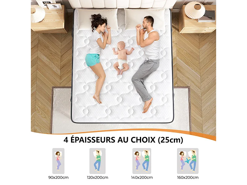 Matelas 140x200cm anti-feu ressorts ensachés - ép.25cm - soutien ergonomique 7 zones - respirantt - silencieux