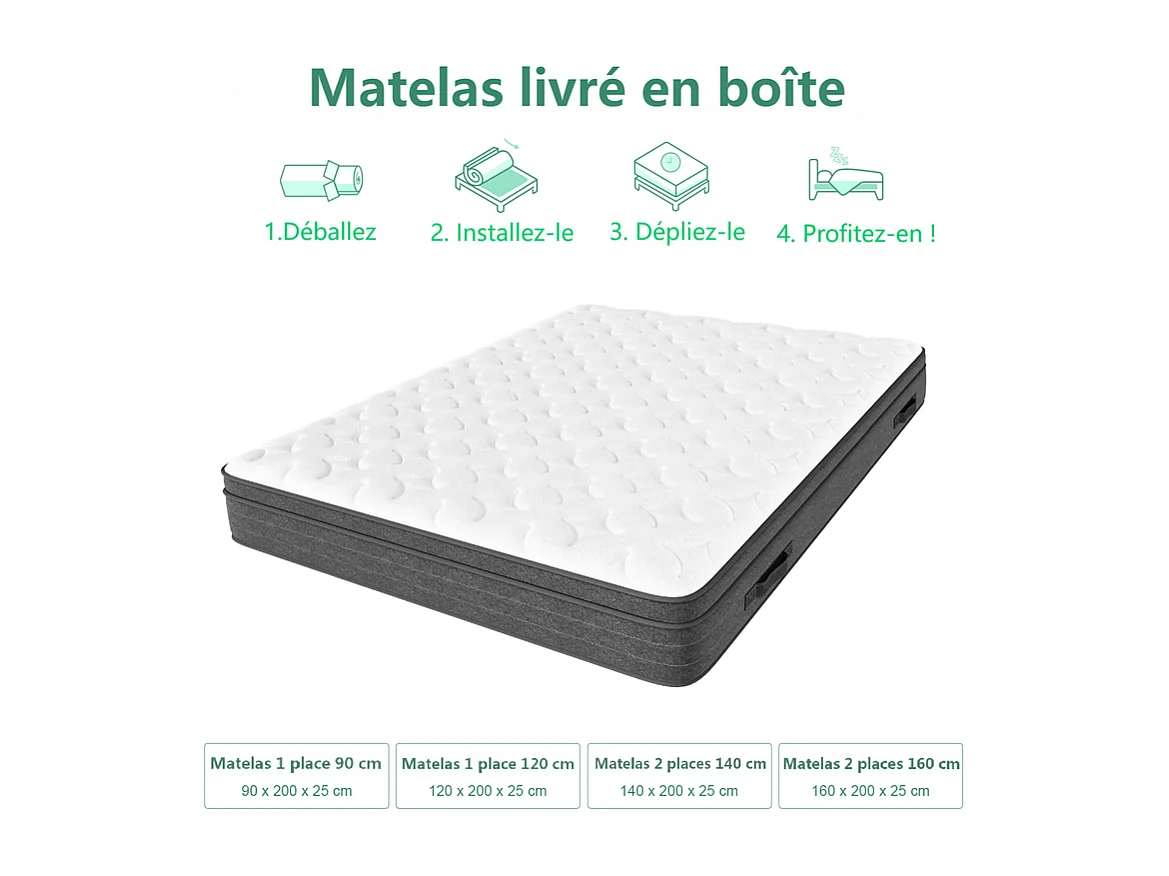 Matelas 120x200cm ressorts ensachés - ép.25cm - soutien 7 zones - avec poignée - Hypoallergénique