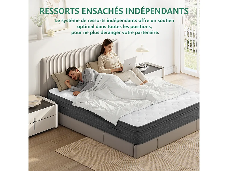 Matelas 90x200cm ressorts ensachés - ép.25cm - soutien 7 zones - avec poignée - Hypoallergénique