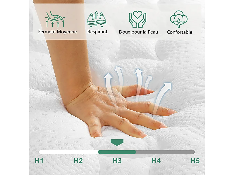 Matelas 90x200cm ressorts ensachés - ép.25cm - soutien 7 zones - avec poignée - Hypoallergénique