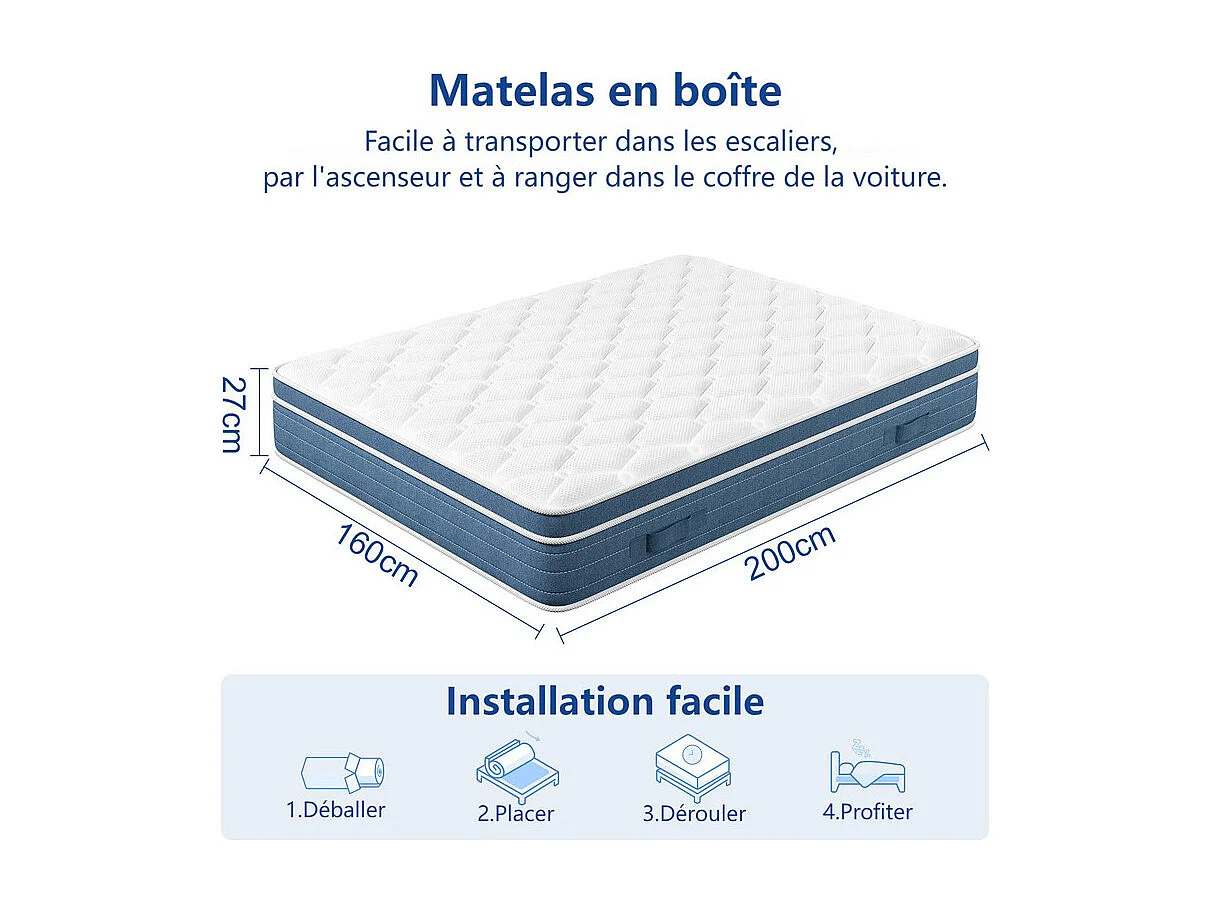 Matelas Hybride 160x200cm - ép.27cm - ressorts ensachés 7 zones - hypoallergénique - respirantt - Mi-Ferme
