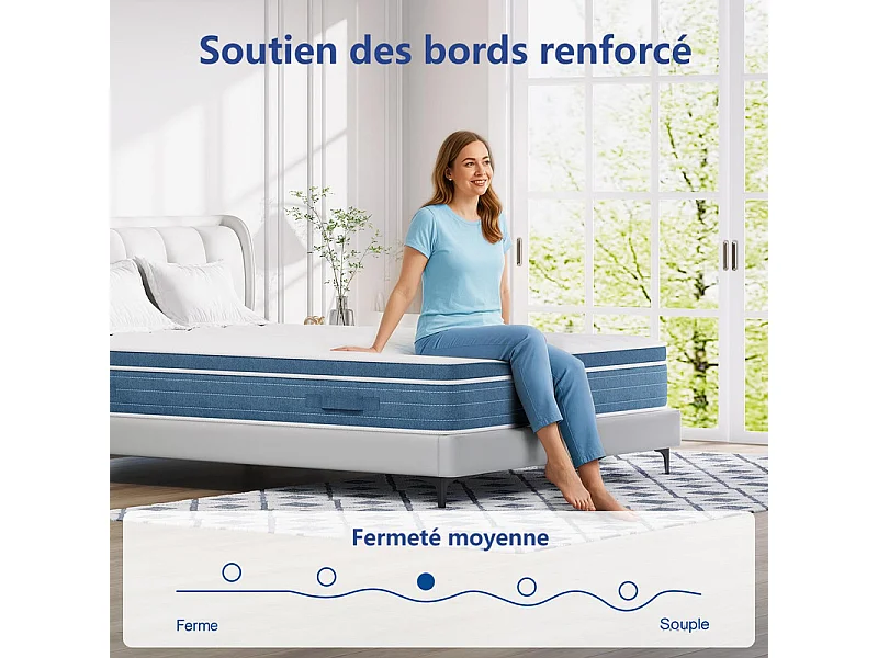 Matelas Hybride 160x200cm - ép.27cm - ressorts ensachés 7 zones - hypoallergénique - respirantt - Mi-Ferme