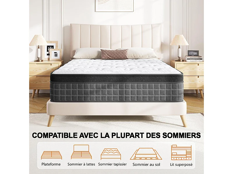 Matras 120x200cm brandwerend zakveren - dikte 25cm - ergonomische 7-zones ondersteuning - ademend - stil