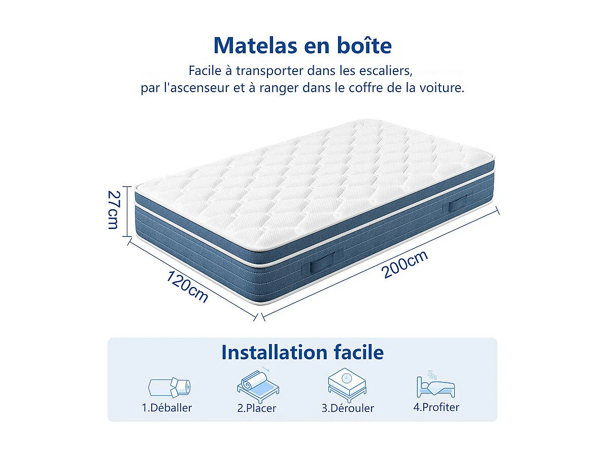 Matelas Hybride 120x200cm - ép.27cm - ressorts ensachés 7 zones - hypoallergénique - respirantt - Mi-Ferme
