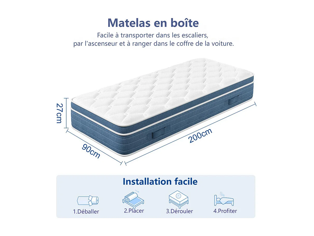 Matelas Hybride 90x200cm - ép.27cm - ressorts ensachés 7 zones - hypoallergénique - respirantt - Mi-Ferme