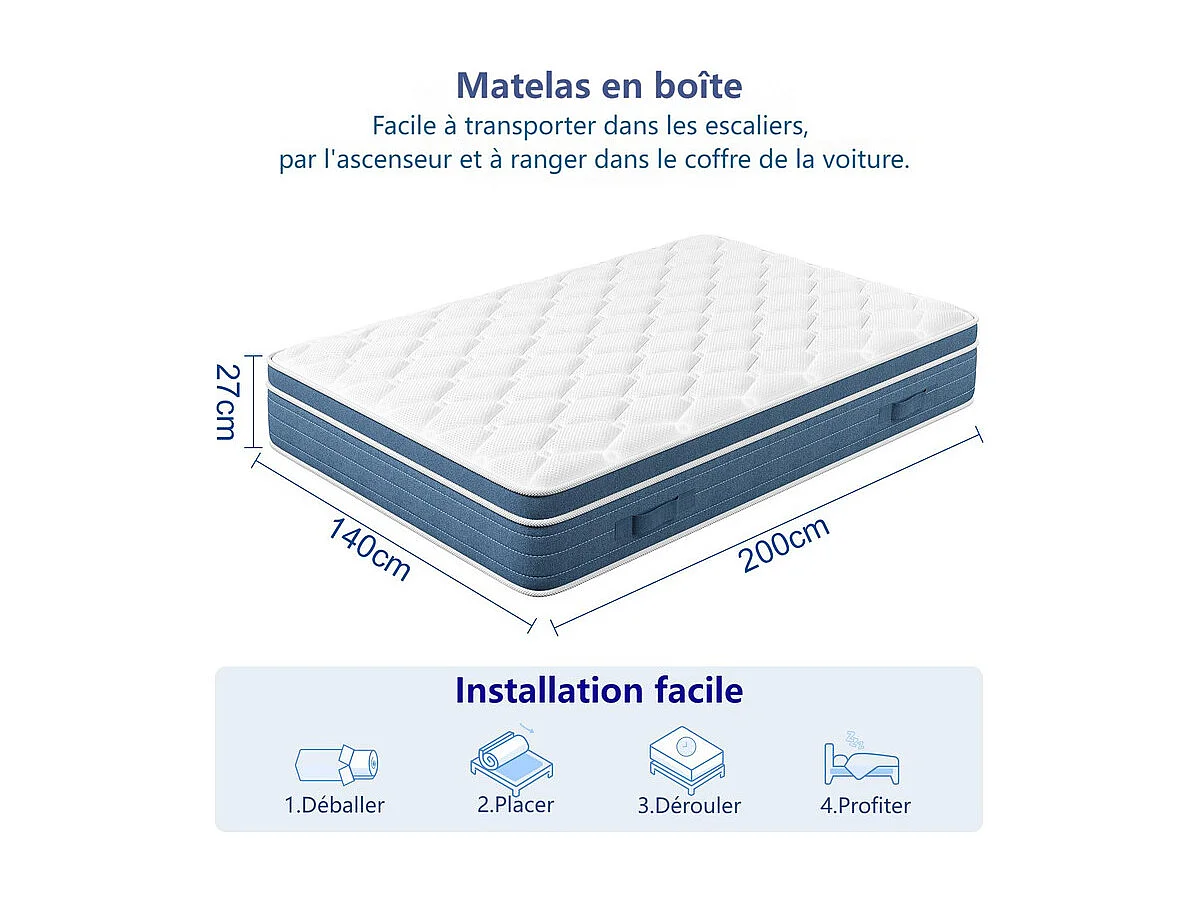 Hybride Matratze 140x200cm - Stärke 27cm - 7-Zonen-Taschenfedern - hypoallergen - atmungsaktiv - Medium-Fest