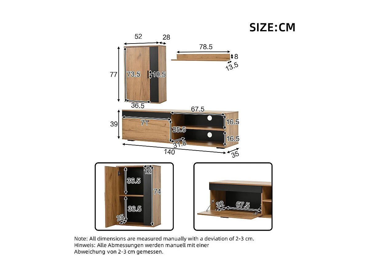 TV-Wand mit Aufbewahrung - Set von 3 - stehend oder hängend - Spanplatte - Eiche und Schwarz