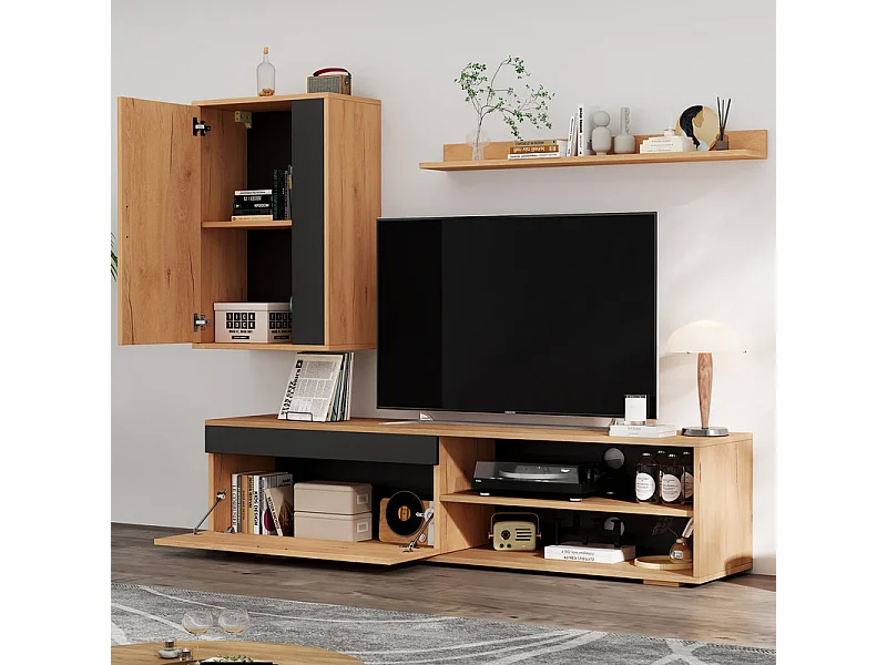 TV-Wand mit Aufbewahrung - Set von 3 - stehend oder hängend - Spanplatte - Eiche und Schwarz