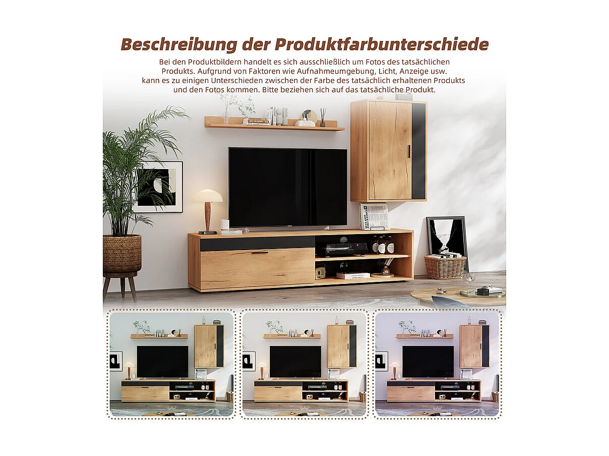 TV-Wand mit Aufbewahrung - Set von 3 - stehend oder hängend - Spanplatte - Eiche und Schwarz