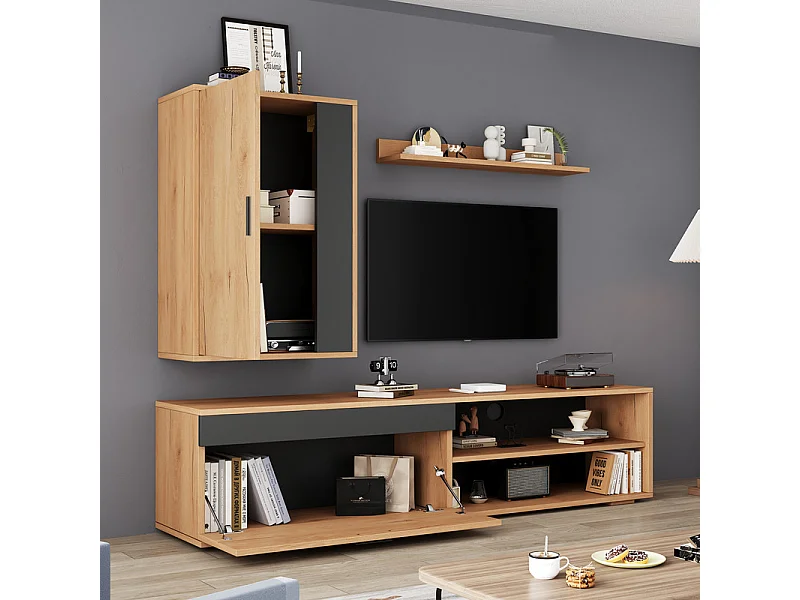Mur TV avec rangements - lot de 3 - debout ou suspendu - Panneau de particule - Chêne et noir