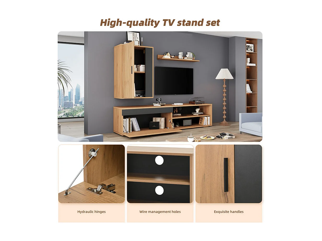 Mur TV avec rangements - lot de 3 - debout ou suspendu - Panneau de particule - Chêne et noir