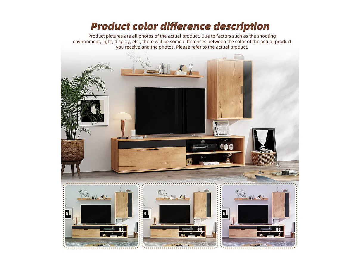 Mur TV avec rangements - lot de 3 - debout ou suspendu - Panneau de particule - Chêne et noir