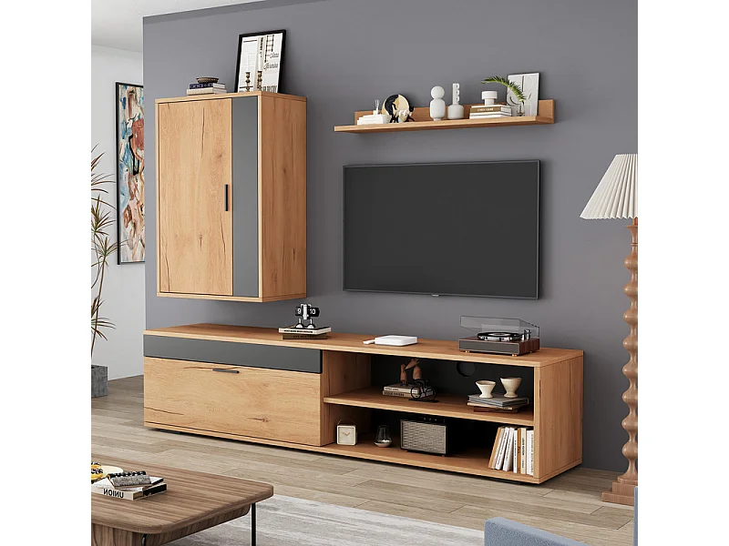 Mur TV avec rangements - lot de 3 - debout ou suspendu - Panneau de particule - Chêne et noir