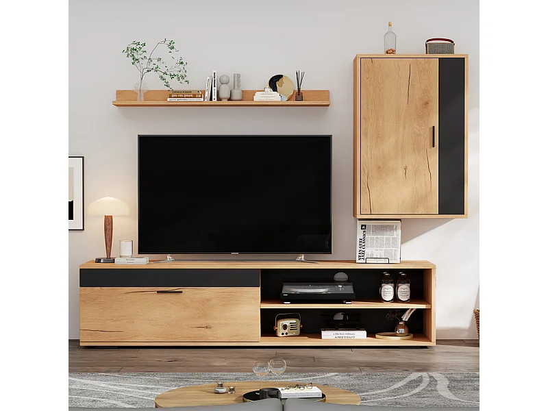 Mur TV avec rangements - lot de 3 - debout ou suspendu - Panneau de particule - Chêne et noir