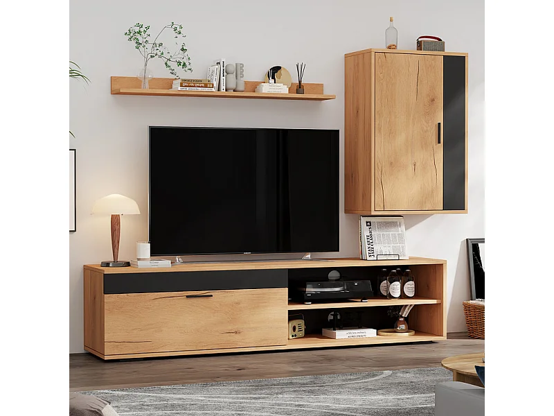 Mur TV avec rangements - lot de 3 - debout ou suspendu - Panneau de particule - Chêne et noir