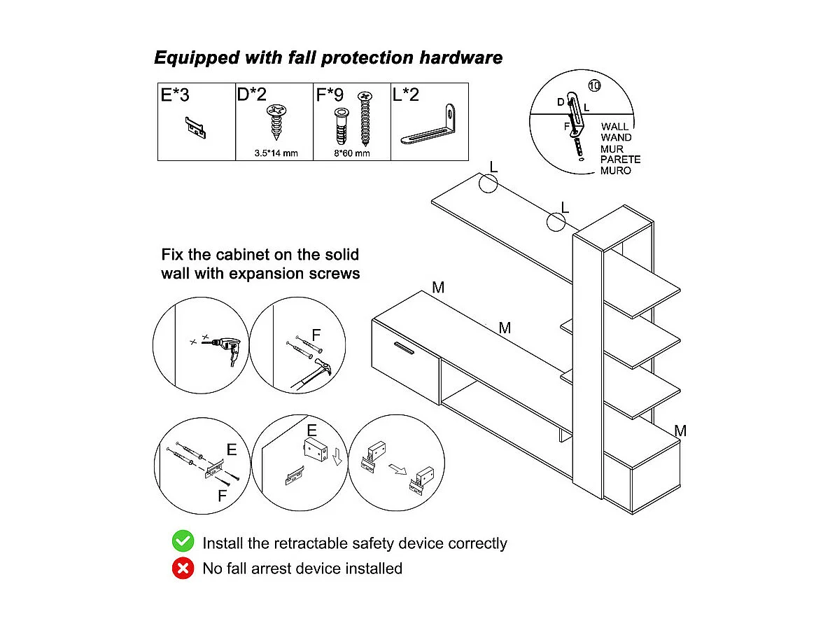 Mur TV - avec dispositifs anti-basculement - adapté TV de moins de 60 po -180x33,5x151,5cm