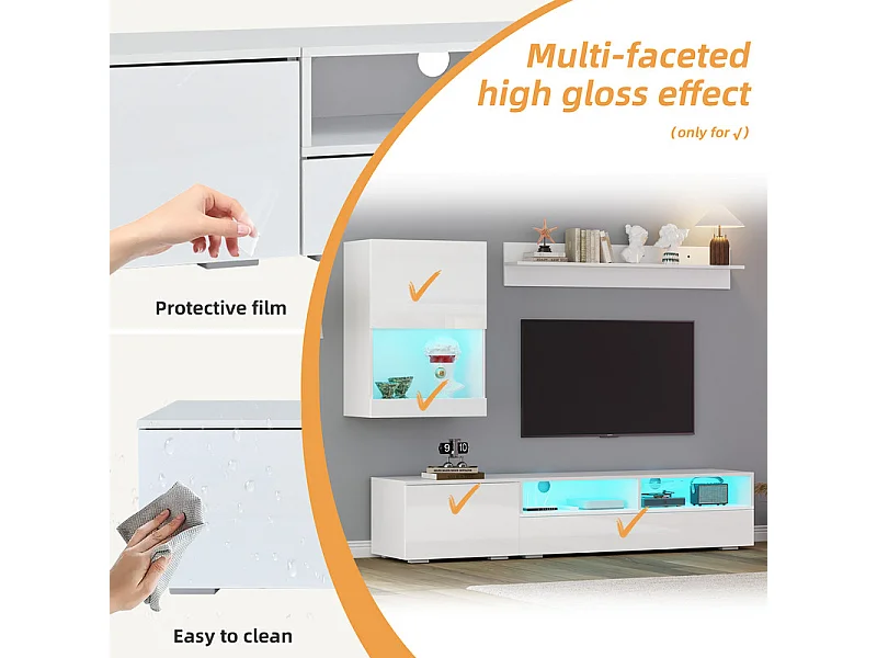 TV-Wand 3 Türen und 3 Nischen - mit Aufbewahrung und LED-Beleuchtung - Spanplatte - Hochglanz - Weiß