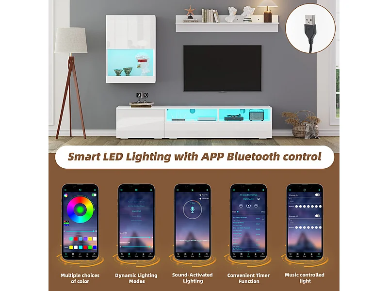 Mur TV 3 portes et 3 niches - avec rangements et éclairage LED - Panneau de particule - brillante - Blanc