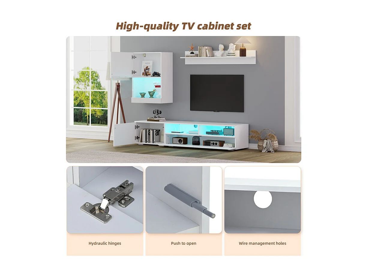 Mur TV 3 portes et 3 niches - avec rangements et éclairage LED - Panneau de particule - brillante - Blanc