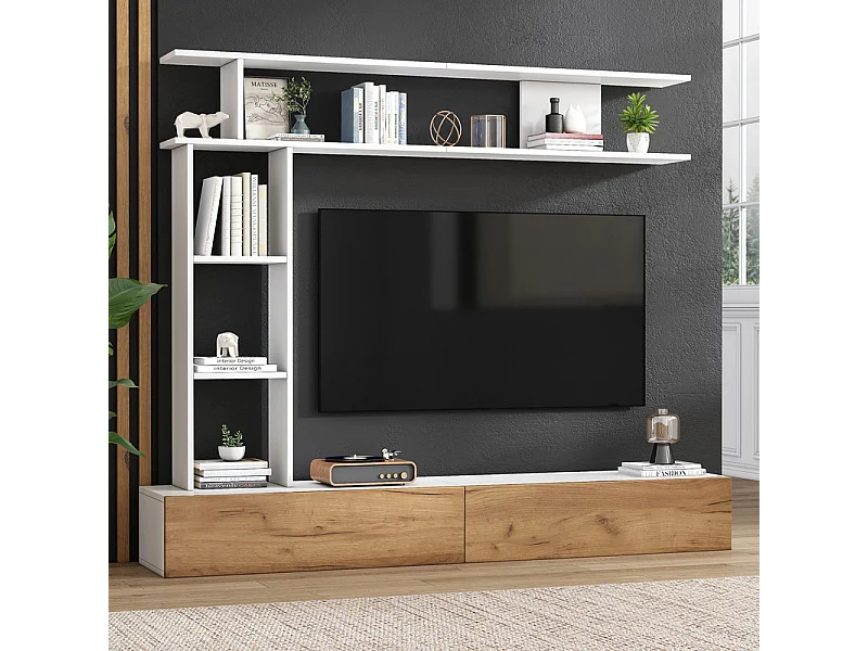 TV-Wand mit Aufbewahrung - 2 Türen - Stehende oder hängende Installation - Für TV unter 80 Zoll - Eiche und Weiß