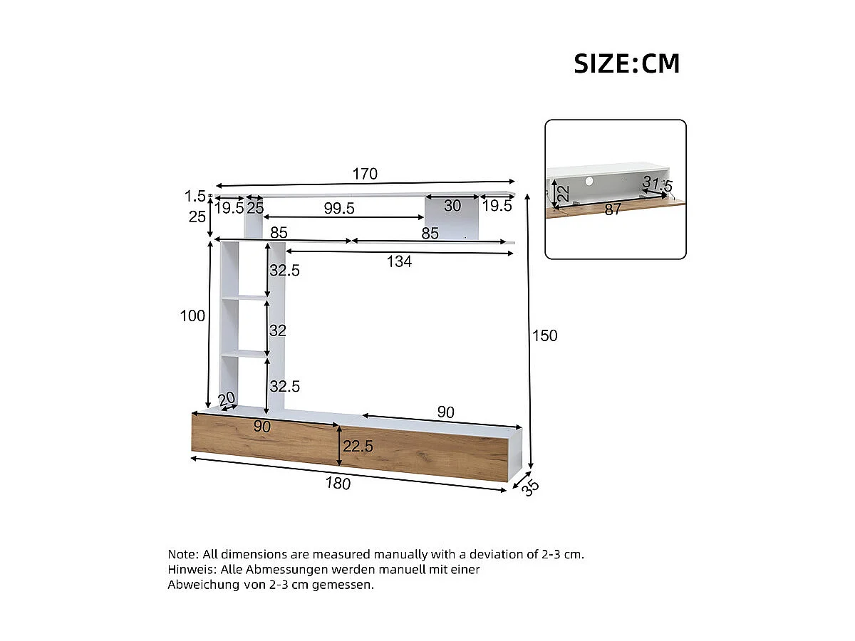 Mur TV avec rangements - 2 portes - Installation debout ou suspendu - adapté TV de moins de 80 po - Chêne et Blanc