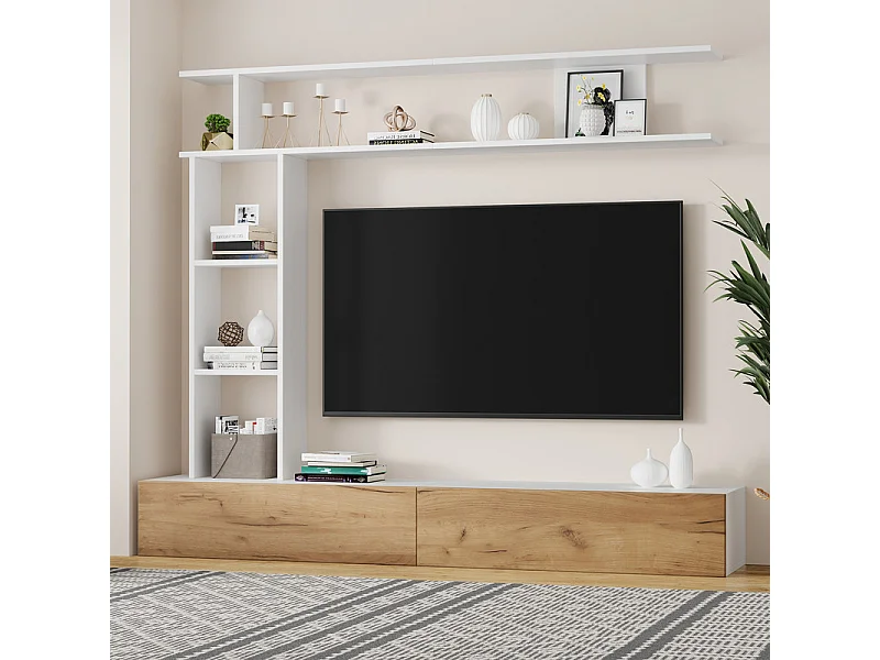 Mur TV avec rangements - 2 portes - Installation debout ou suspendu - adapté TV de moins de 80 po - Chêne et Blanc