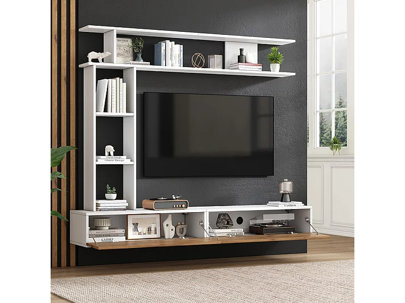 Mur TV avec rangements - 2 portes - Installation debout ou suspendu - adapté TV de moins de 80 po - Chêne et Blanc