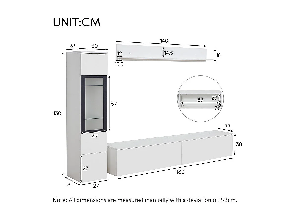 Ensemble mural TV: meuble TV, vitrine et étagère murale - avec RGB LED - brillant - Blanc