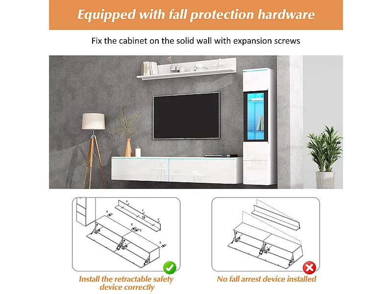 Ensemble mural TV: meuble TV, vitrine et étagère murale - avec RGB LED - brillant - Blanc