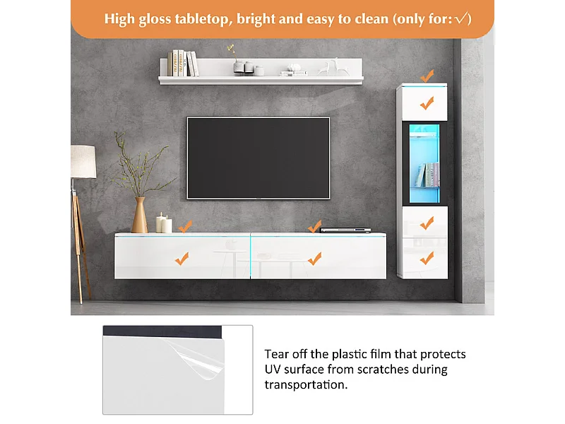 Ensemble mural TV: meuble TV, vitrine et étagère murale - avec RGB LED - brillant - Blanc