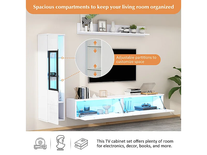 Ensemble mural TV: meuble TV, vitrine et étagère murale - avec RGB LED - brillant - Blanc