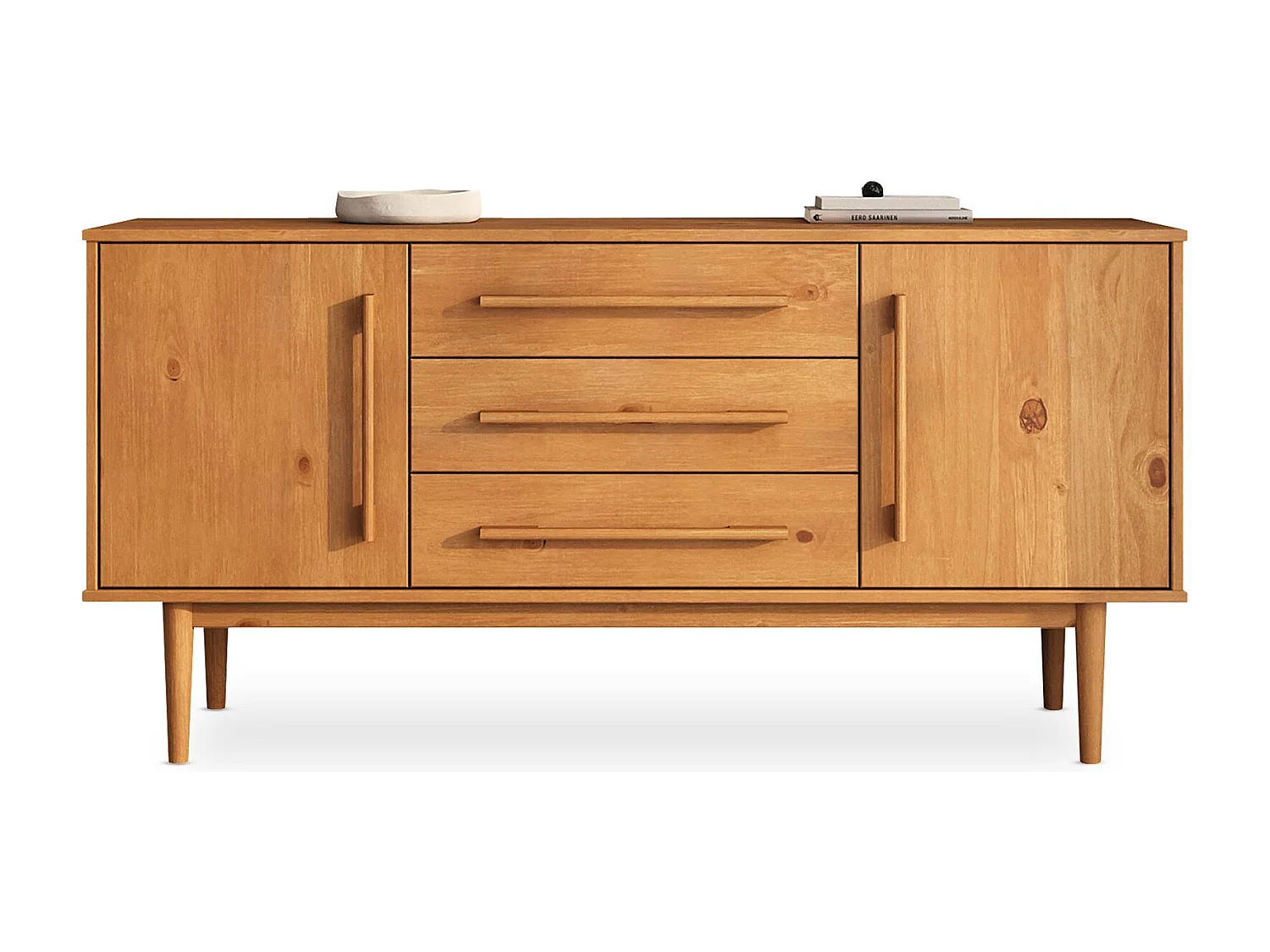 Buffet TECCA L 145 cm 2 Portes 3 Tiroirs en Bois Massif Coloris Chêne avec Étagères Réglables, Rangement Salon
