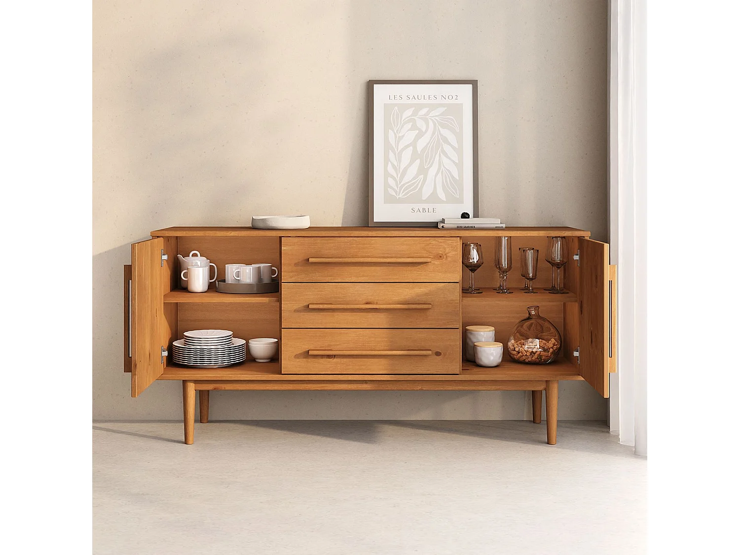 Buffet TECCA L 145 cm 2 Portes 3 Tiroirs en Bois Massif Coloris Chêne avec Étagères Réglables, Rangement Salon