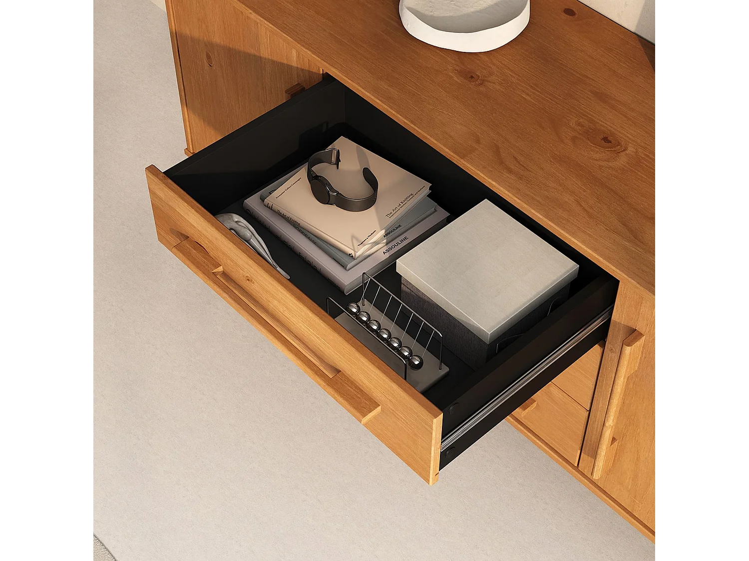 Buffet TECCA L 145 cm 2 Portes 3 Tiroirs en Bois Massif Coloris Chêne avec Étagères Réglables, Rangement Salon