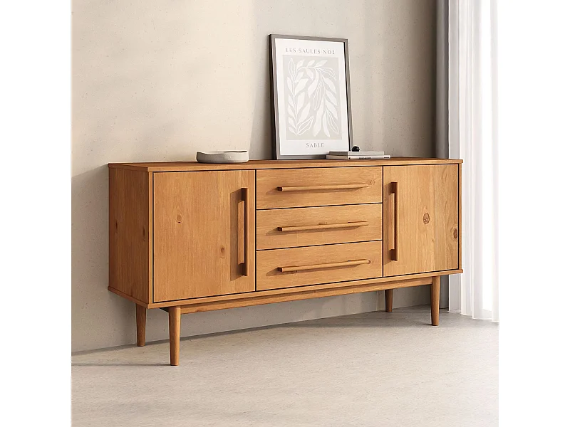 Buffet TECCA L 145 cm 2 Portes 3 Tiroirs en Bois Massif Coloris Chêne avec Étagères Réglables, Rangement Salon