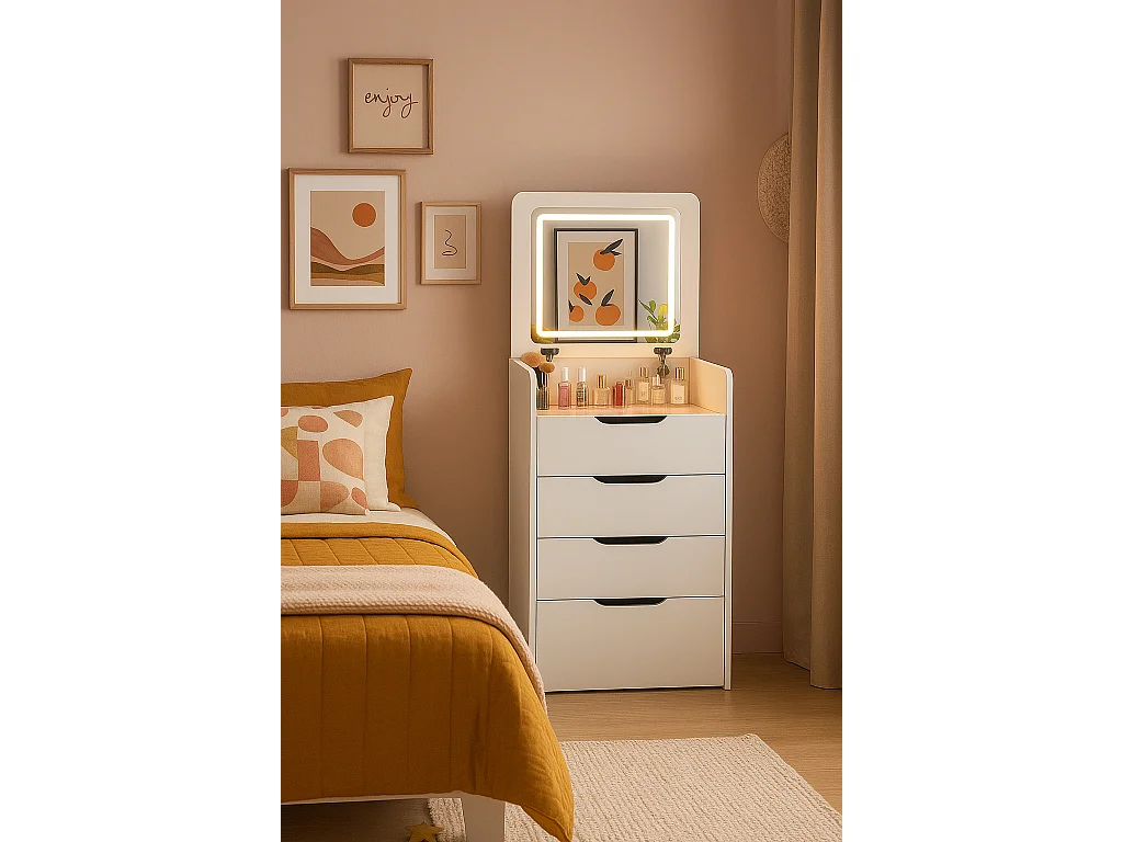 Coiffeuse table de maquillage avec miroir LED intégré coloris blanc - Longueur 48 x Profondeur 40 x Hauteur 82 cm