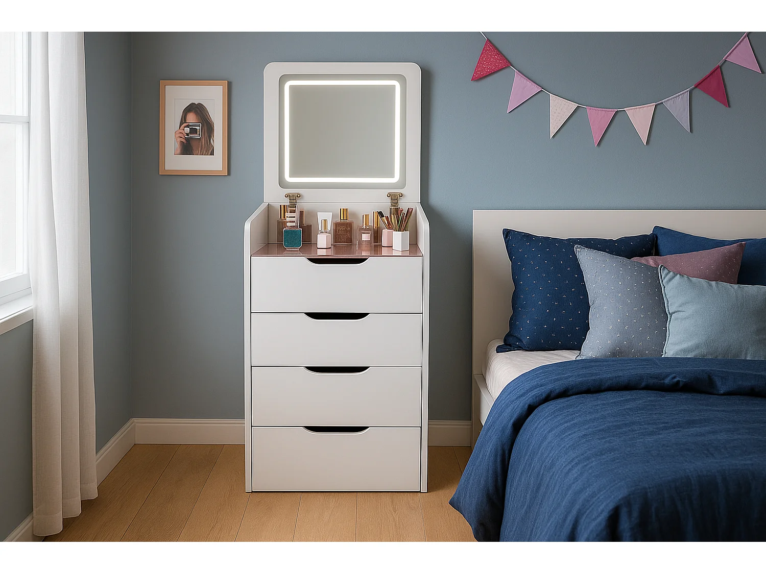 Coiffeuse table de maquillage avec miroir LED intégré coloris blanc - Longueur 48 x Profondeur 40 x Hauteur 82 cm