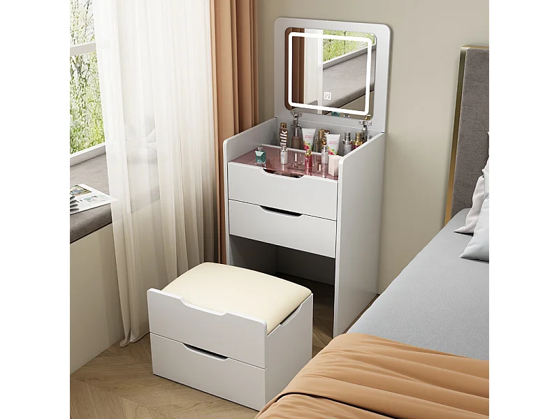 Coiffeuse table de maquillage avec miroir LED intégré coloris blanc - Longueur 48 x Profondeur 40 x Hauteur 82 cm