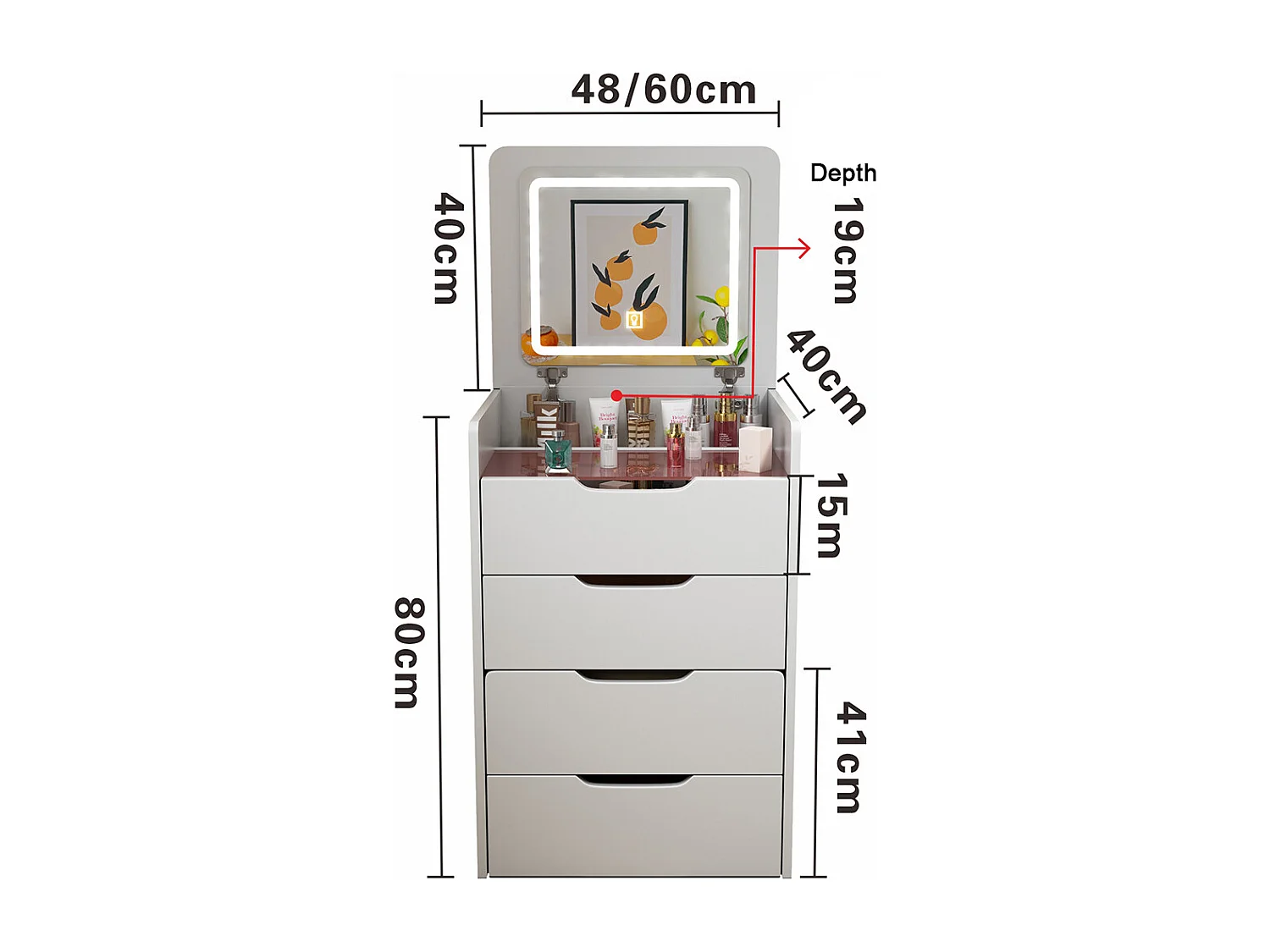 Coiffeuse table de maquillage avec miroir LED intégré coloris blanc - Longueur 48 x Profondeur 40 x Hauteur 82 cm