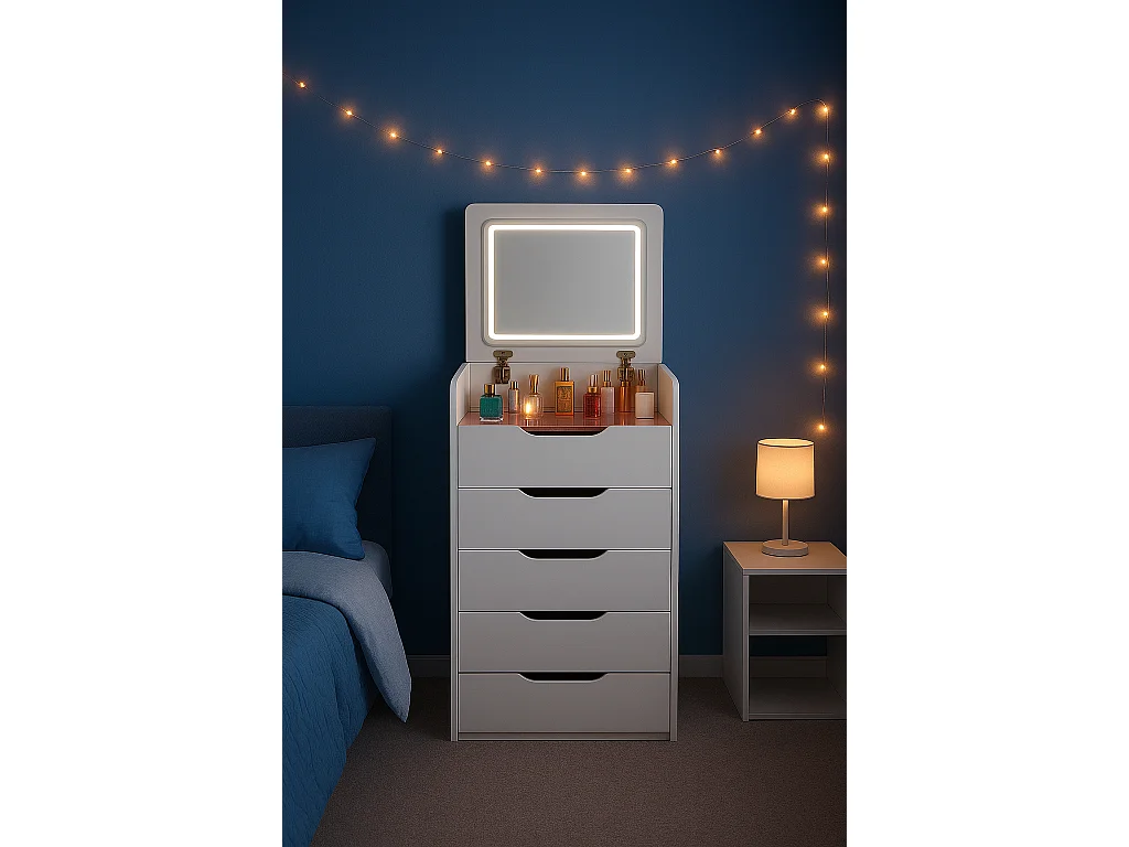 Coiffeuse table de maquillage avec miroir LED intégré coloris blanc - Longueur 48 x Profondeur 40 x Hauteur 82 cm
