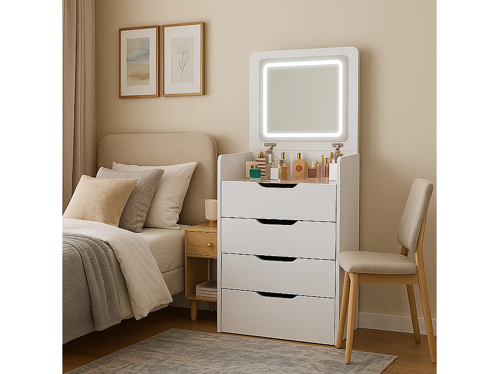 Coiffeuse table de maquillage avec miroir LED intégré coloris blanc - Longueur 48 x Profondeur 40 x Hauteur 82 cm