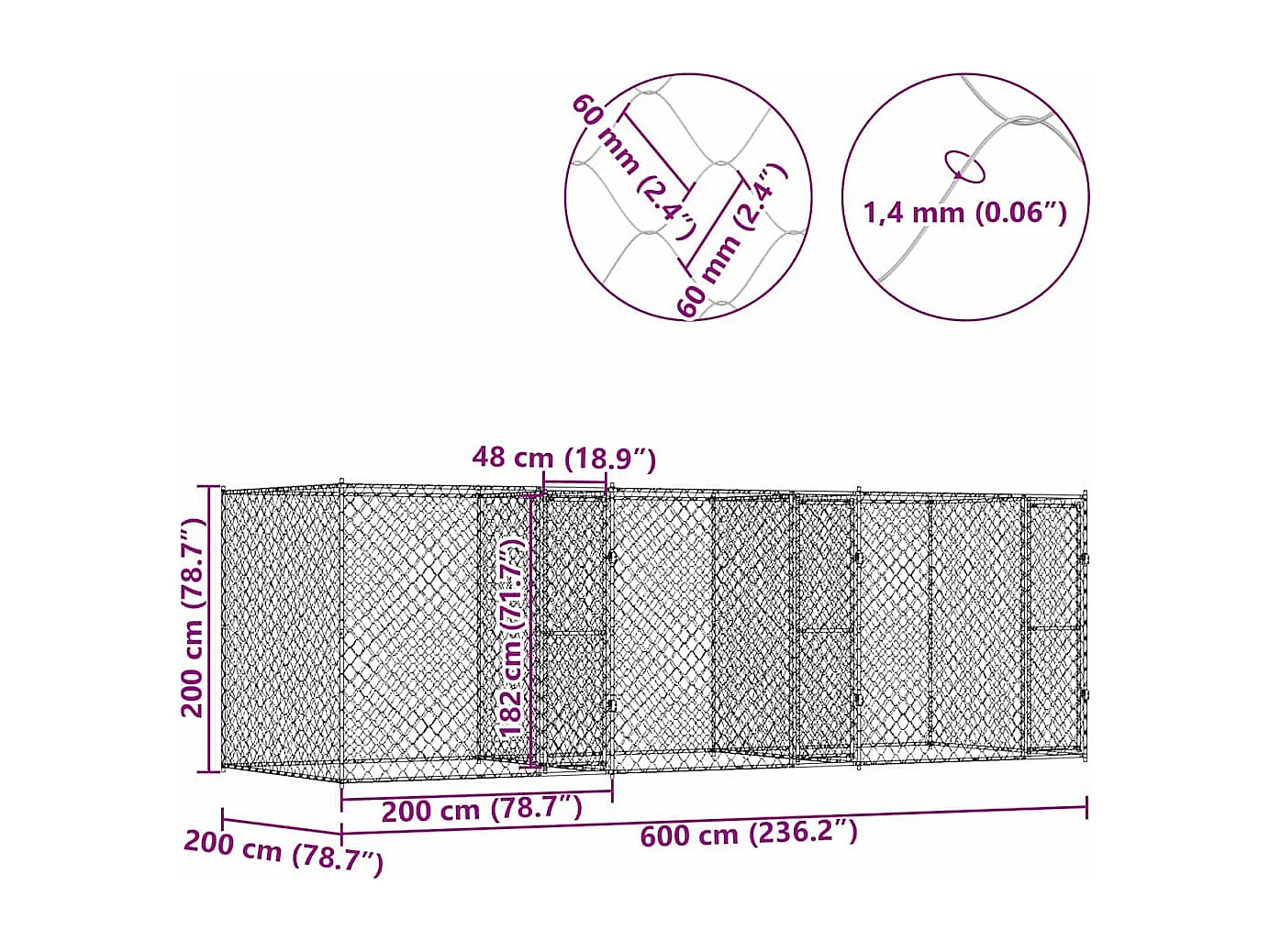 Cage pour chien Argent 600 x 200 x 200 cm Acier galvanisé